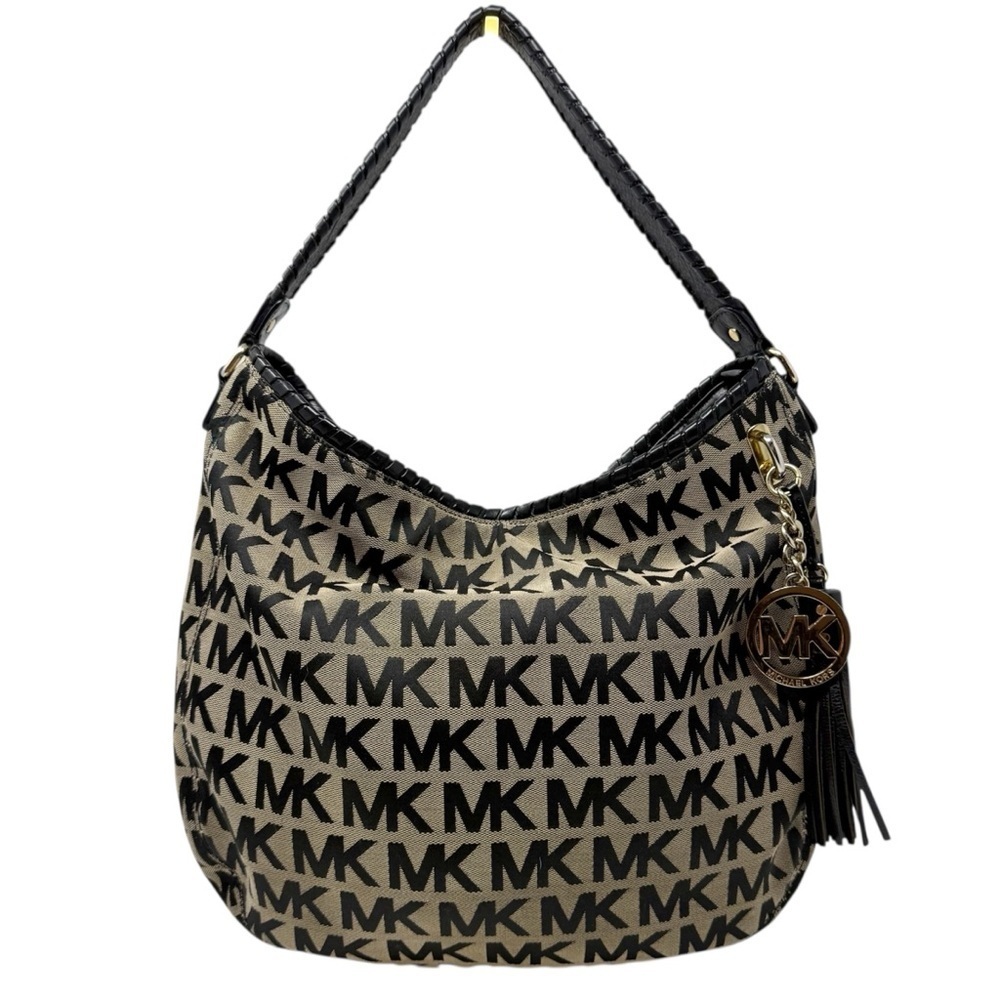 Michael Kors MK Logo Jacquard Hobo Shoulder Bag Black Tan Tassel Charm